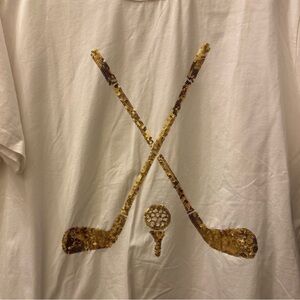QOS White & Gold Golf Clubs Ball Tee T-shirts Size Large EUC